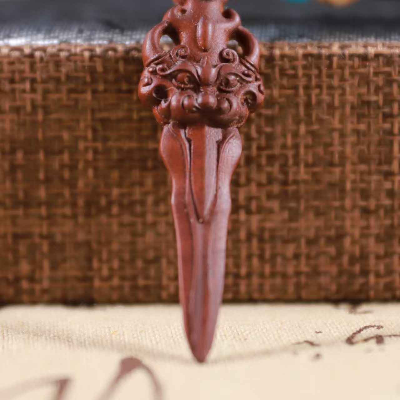 Lightning-Struck Jujube Wood Lion & Sword Pendant – Spiritual Guardian Amulet